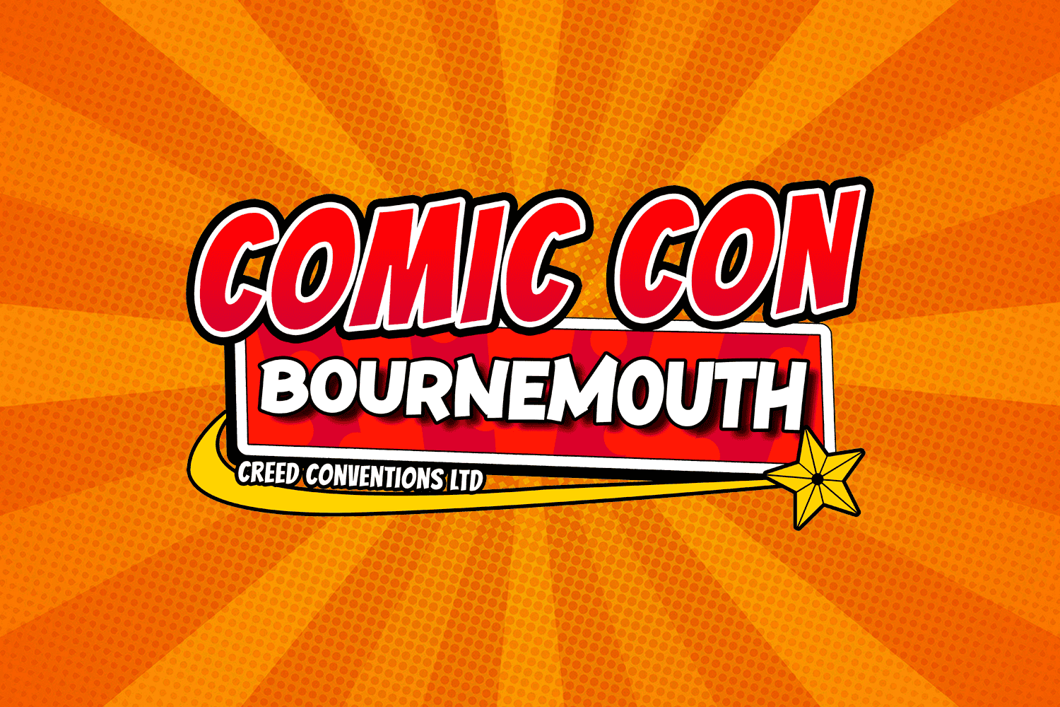 Comic Con Bournemouth logo on orange background.