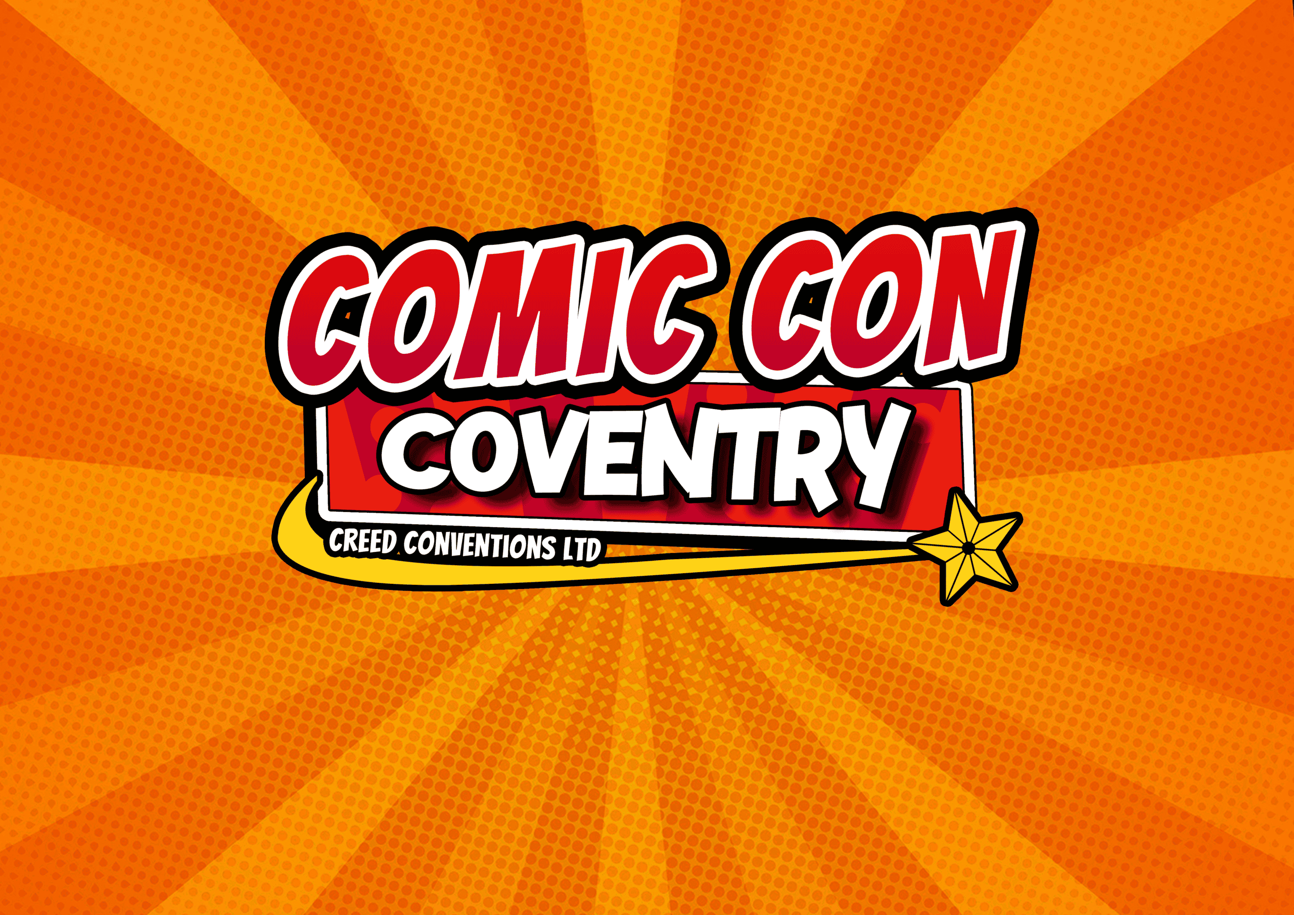 Comic Con Coventry logo on orange burst background