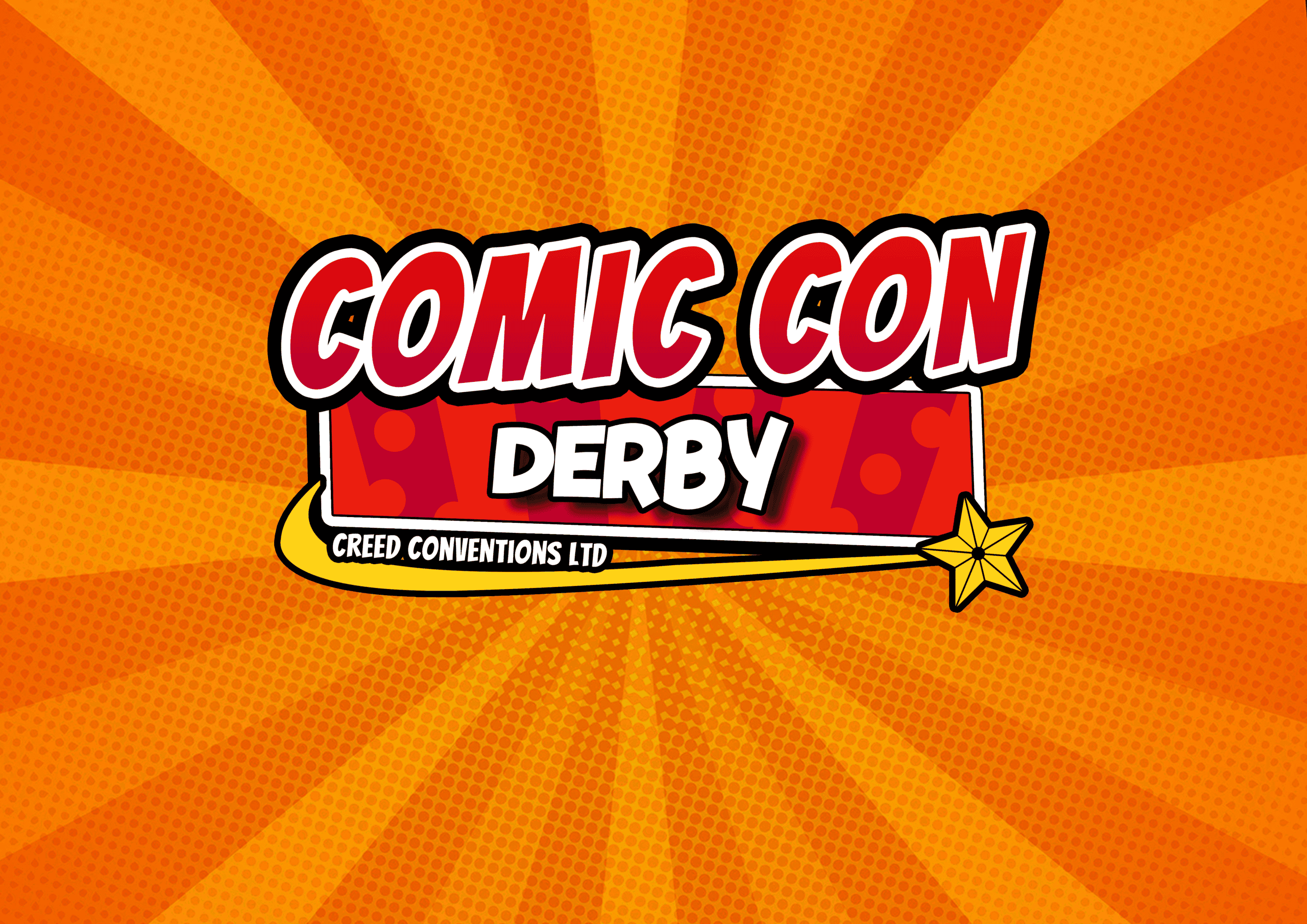 Comic Con Derby logo on orange burst background