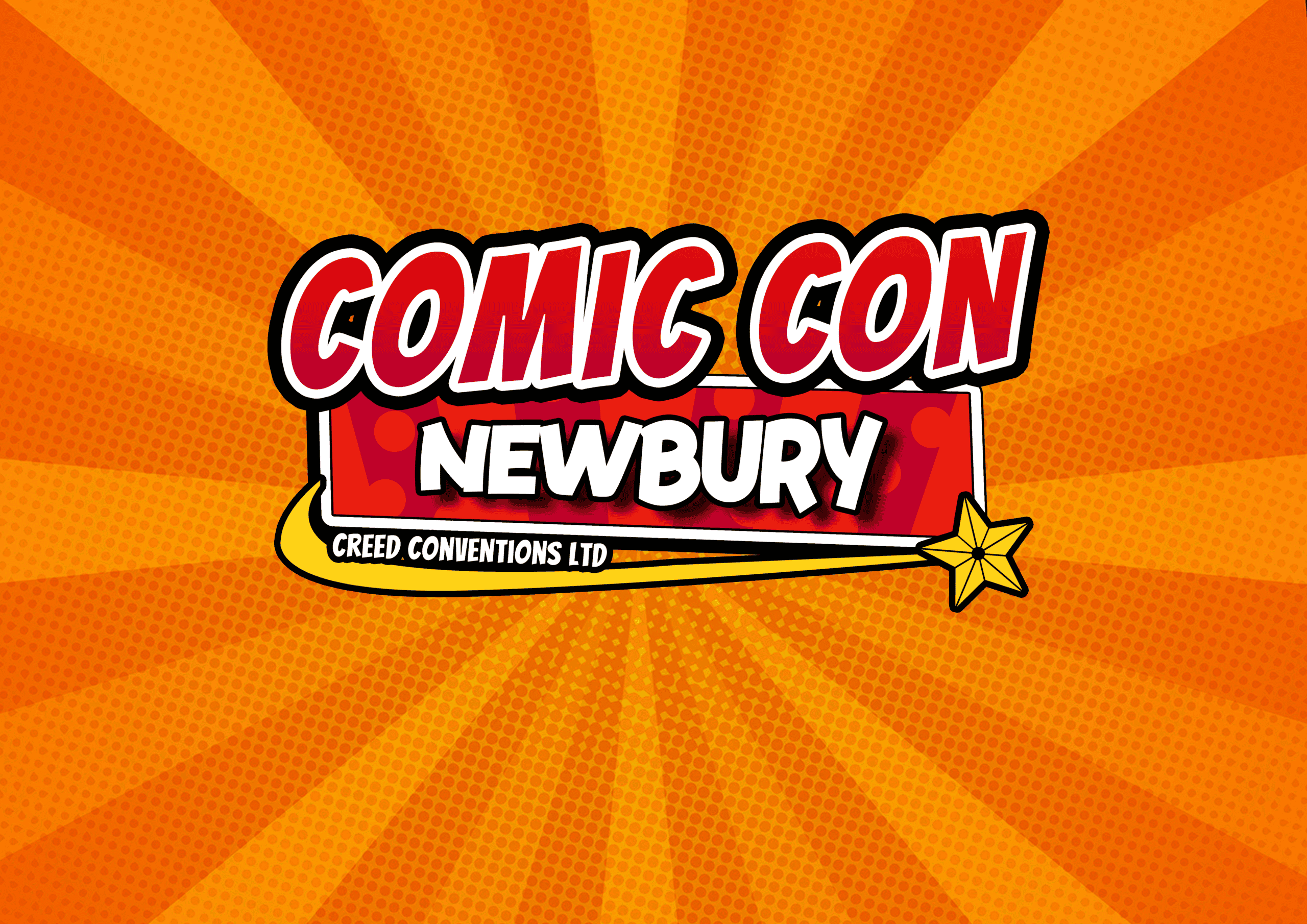 Comic Con Newbury logo on orange burst background