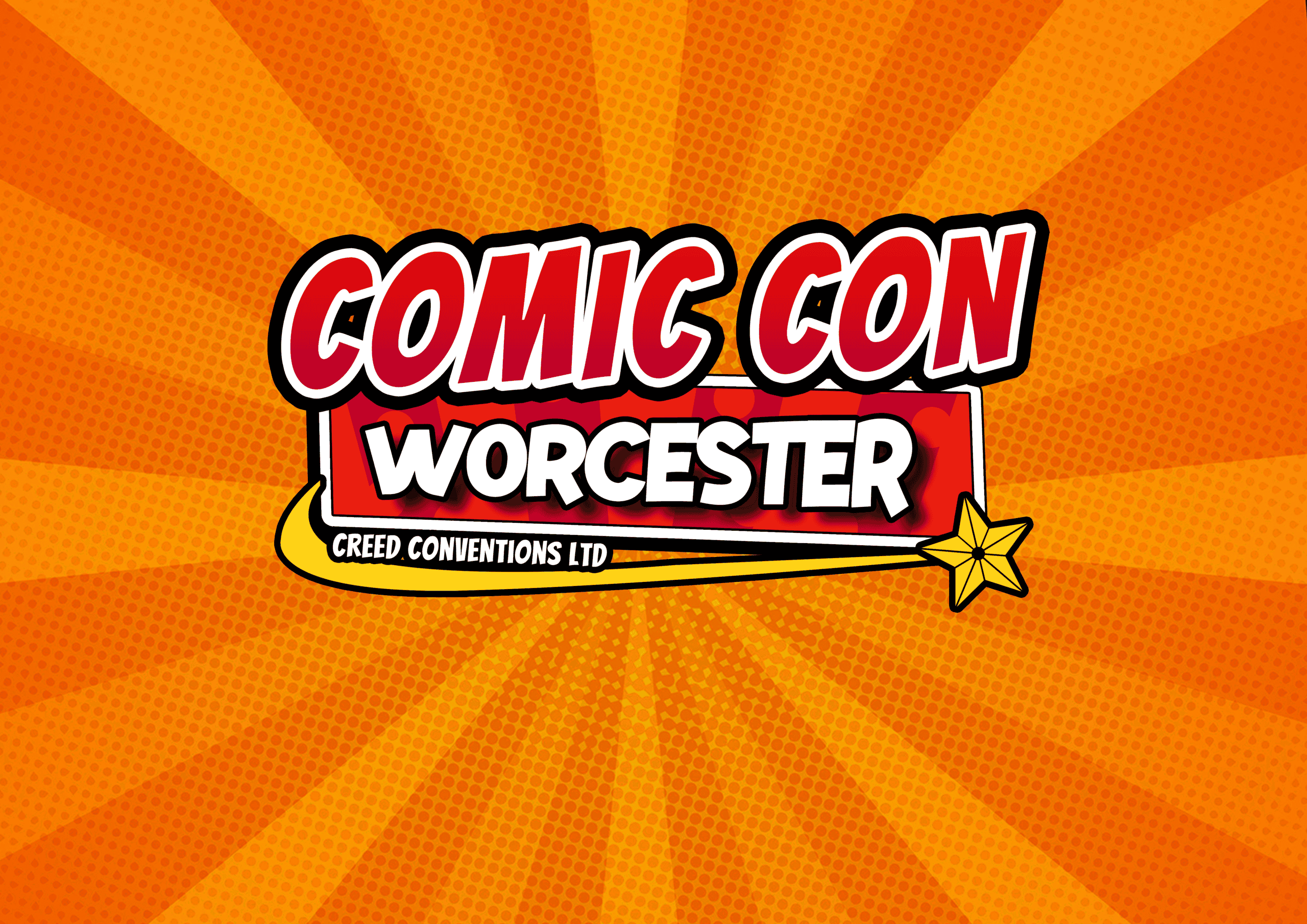 Comic Con Worcester logo on orange burst background