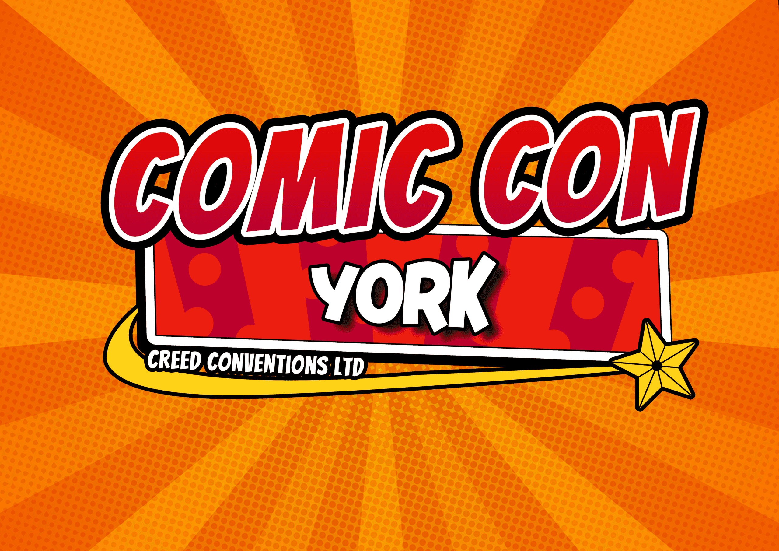 Comic Con York logo on orange burst background